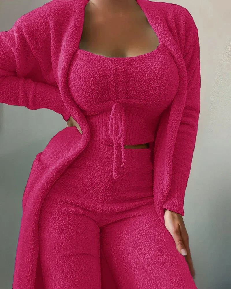 Women's Winter New Fashion Plush Pajamas Three-piece Set，Halter Short Top+high-waisted Straight-leg Pants+long Cardigan Jacket