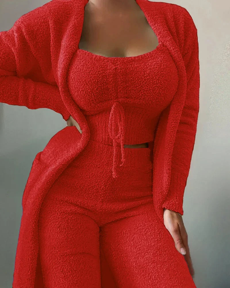 Women's Winter New Fashion Plush Pajamas Three-piece Set，Halter Short Top+high-waisted Straight-leg Pants+long Cardigan Jacket