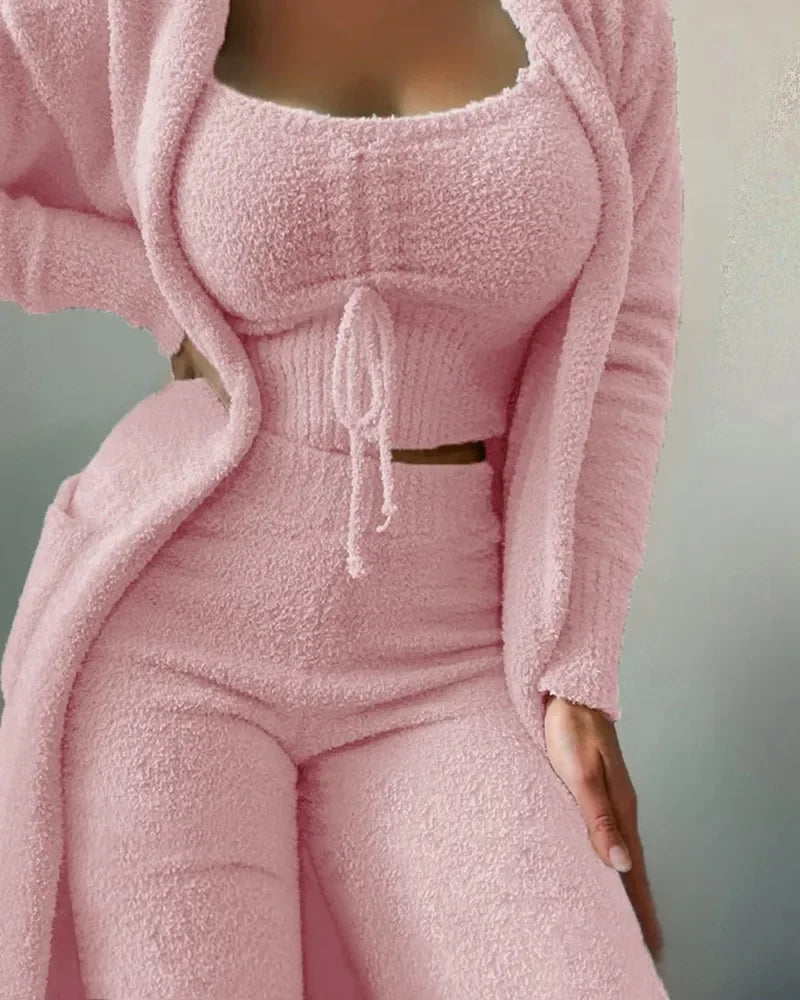 Women's Winter New Fashion Plush Pajamas Three-piece Set，Halter Short Top+high-waisted Straight-leg Pants+long Cardigan Jacket