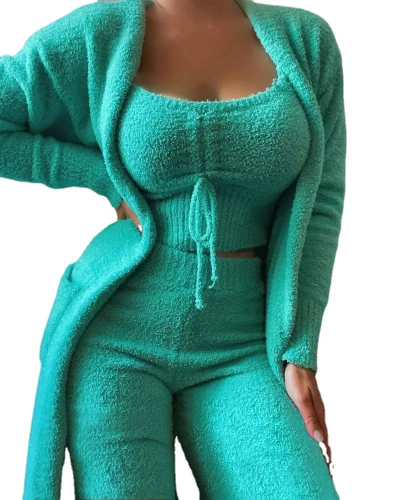 Women's Winter New Fashion Plush Pajamas Three-piece Set，Halter Short Top+high-waisted Straight-leg Pants+long Cardigan Jacket