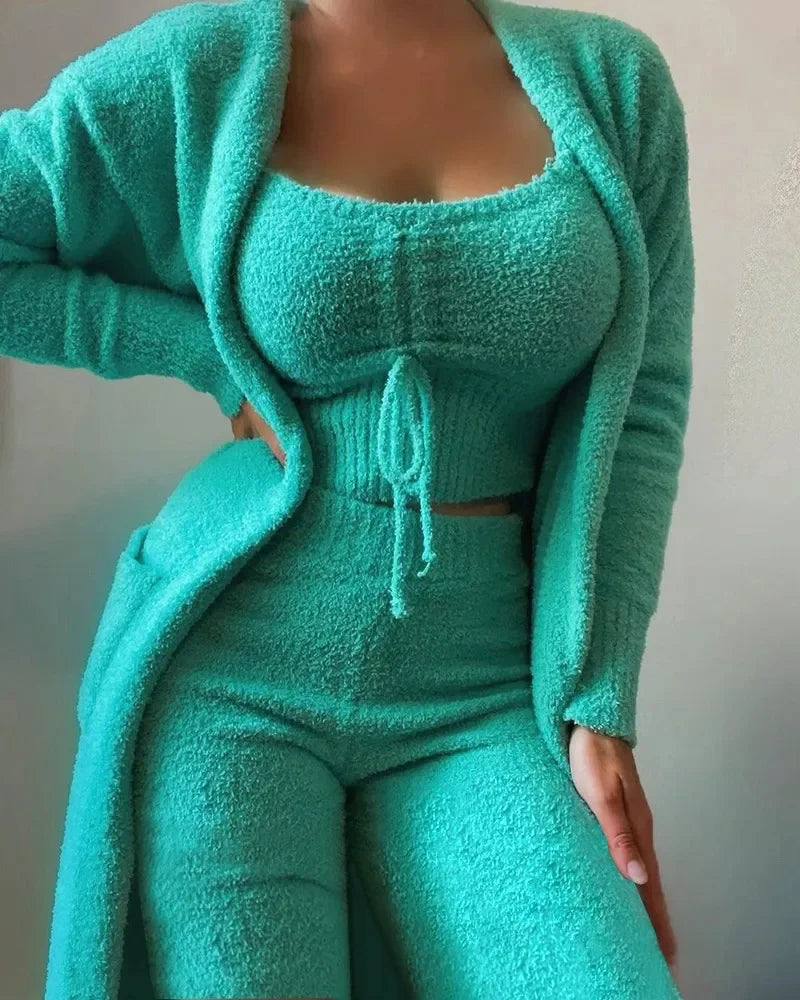 Women's Winter New Fashion Plush Pajamas Three-piece Set，Halter Short Top+high-waisted Straight-leg Pants+long Cardigan Jacket